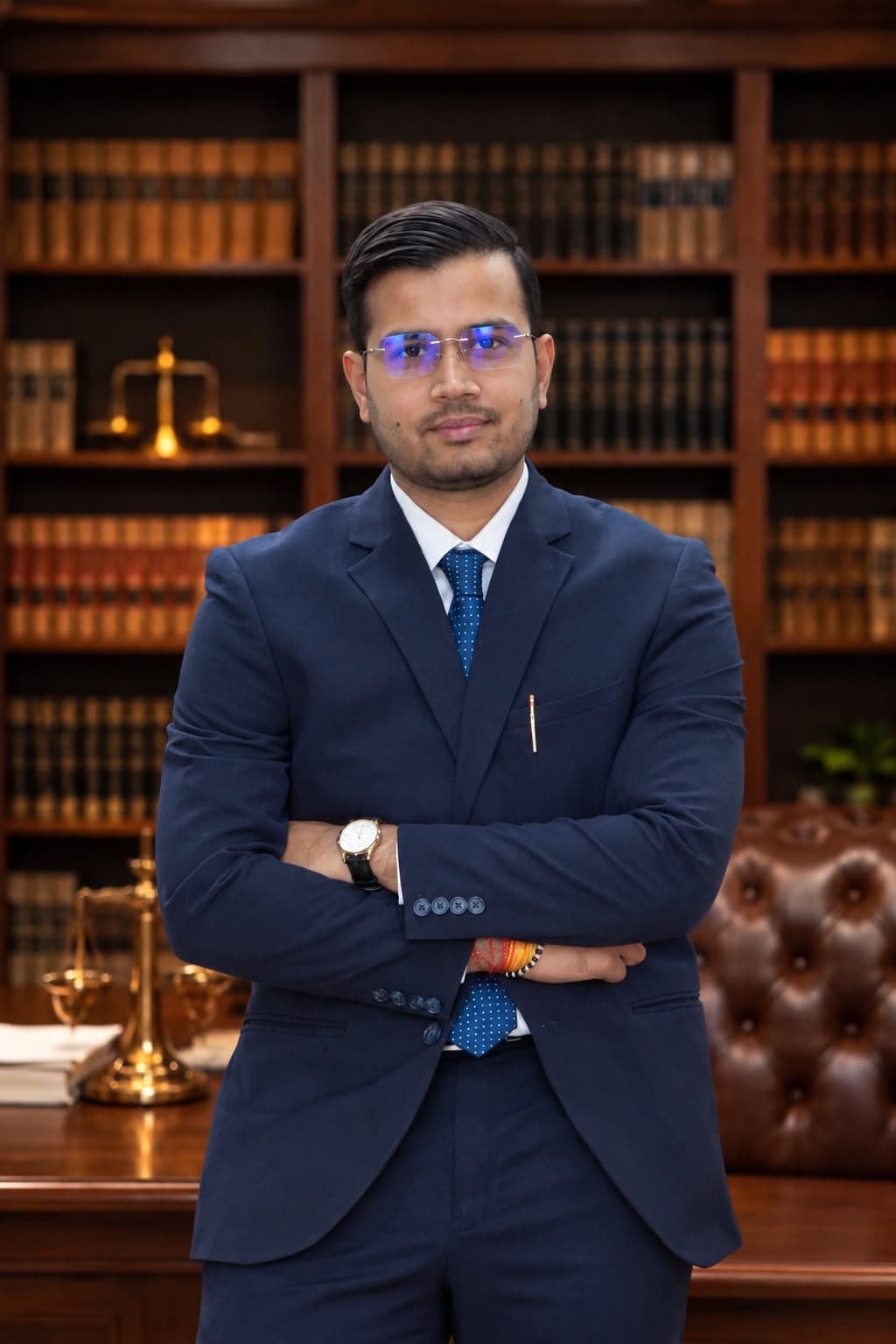 Advocate Achintya Singh standing with arms folded in his Jaipur chambers, in front of shelves of law reports