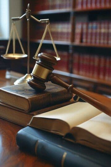Law library of Achintya Singh Law Chambers: shelves of bound law reports beside a gavel and scales of justice